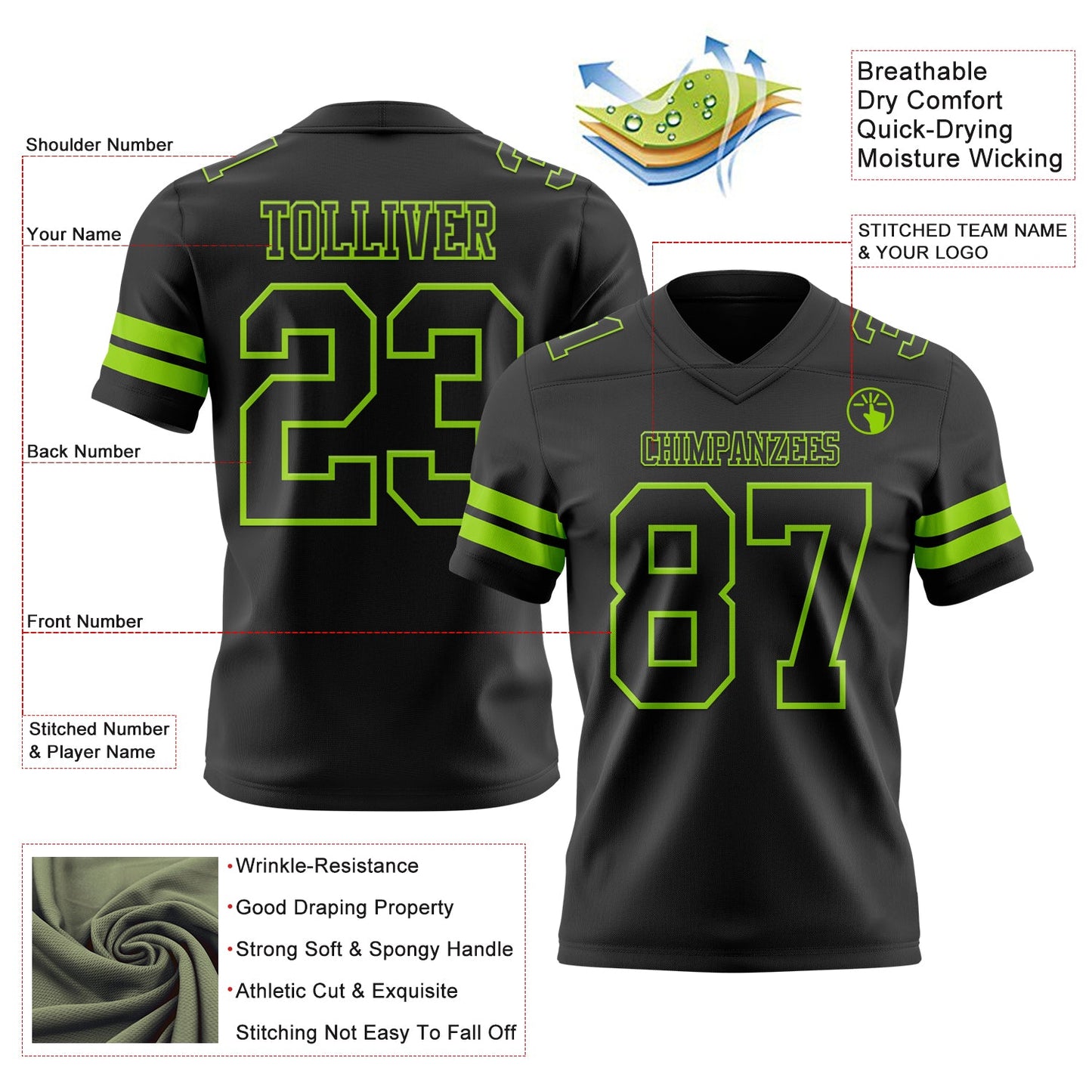 Custom Black Neon Green Mesh Authentic Football Jersey - Sky-Custom