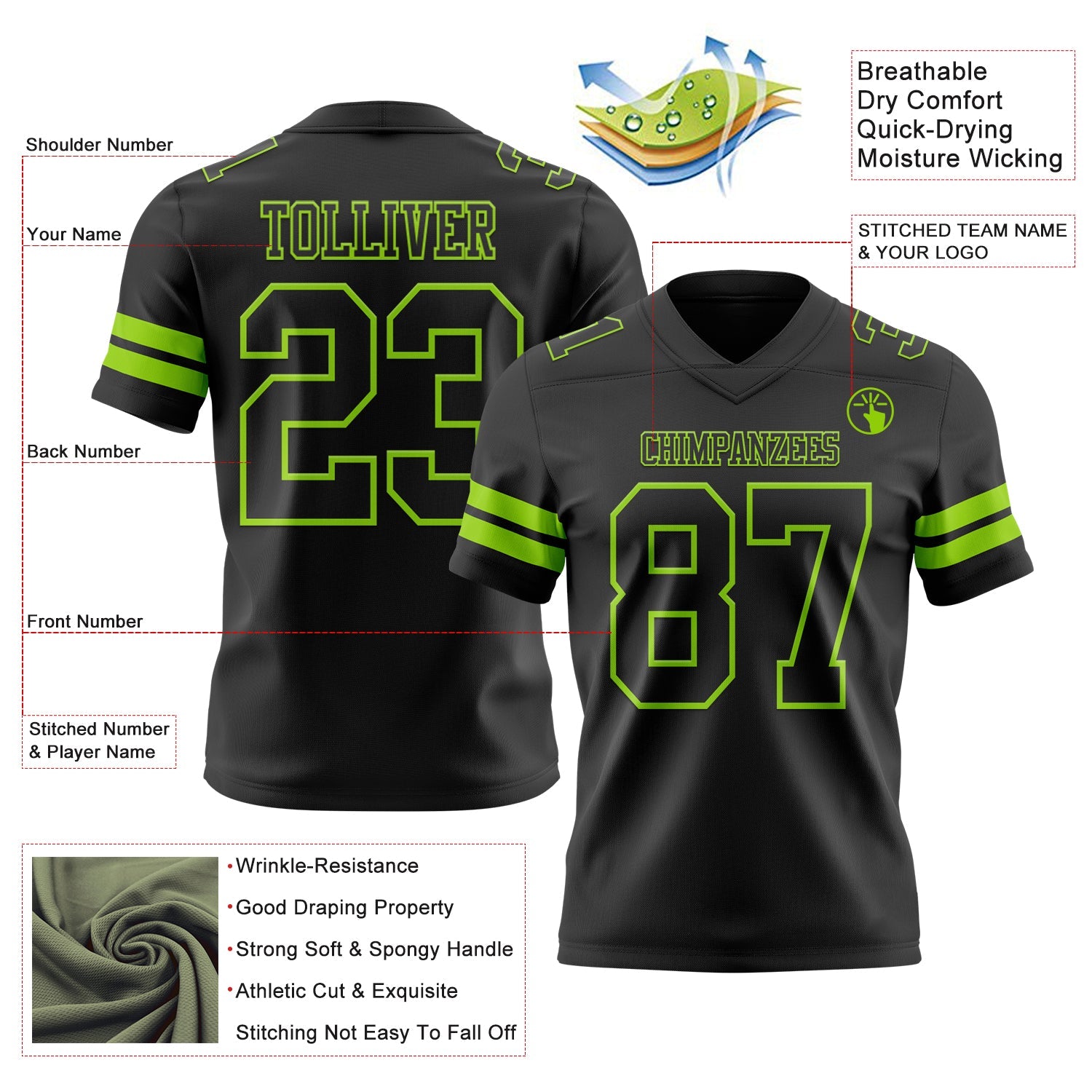 Custom Black Neon Green Mesh Authentic Football Jersey - Sky-Custom