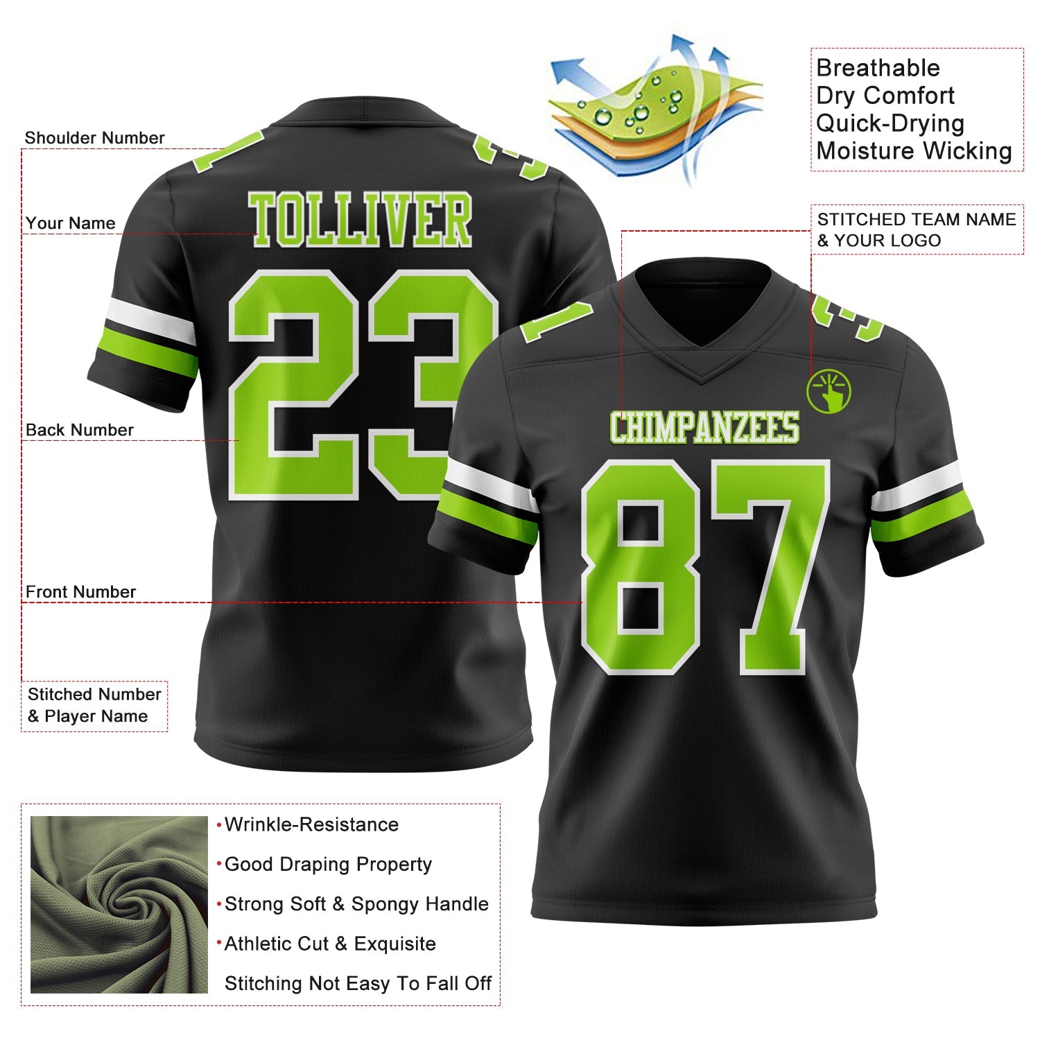 Custom Black Neon Green-White Mesh Authentic Football Jersey - Sky-Custom