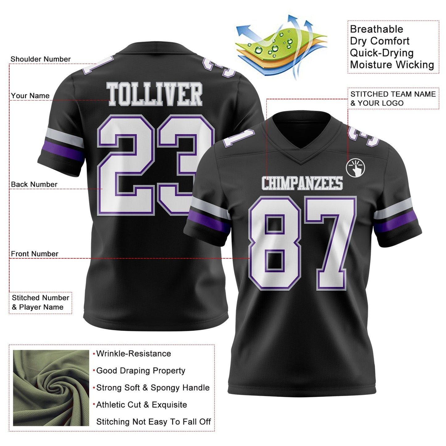 Custom Black White Purple-Gray Mesh Authentic Football Jersey - Sky-Custom