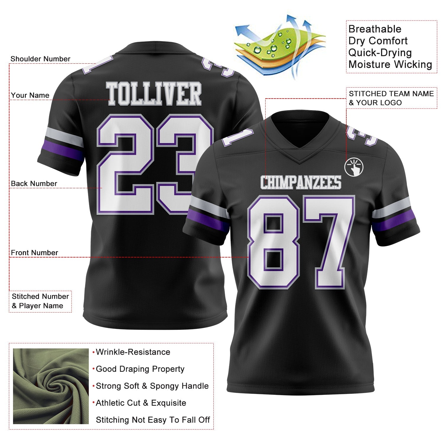 Custom Black White Purple-Gray Mesh Authentic Football Jersey - Sky-Custom