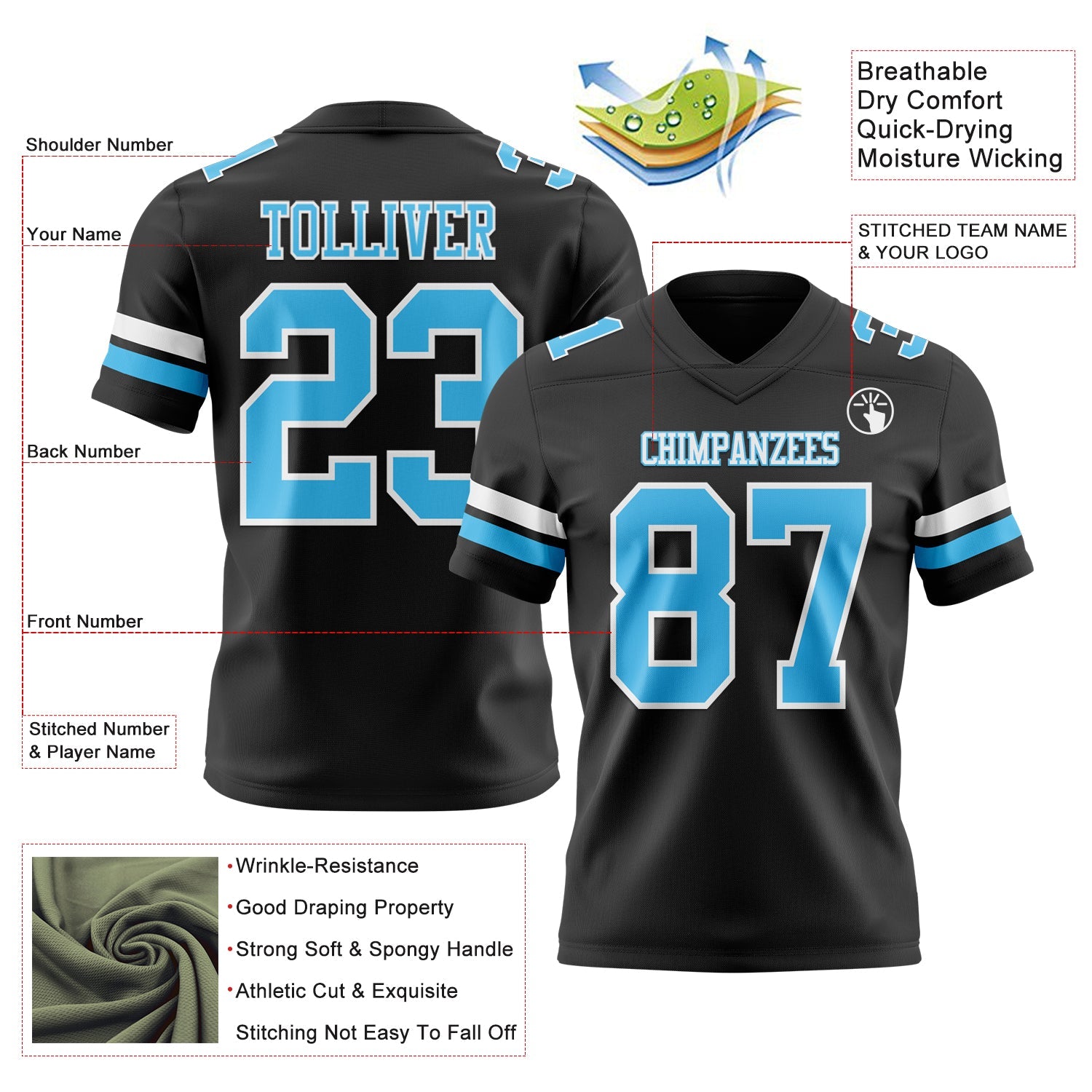 Custom Black Sky Blue-White Mesh Authentic Football Jersey - Sky-Custom