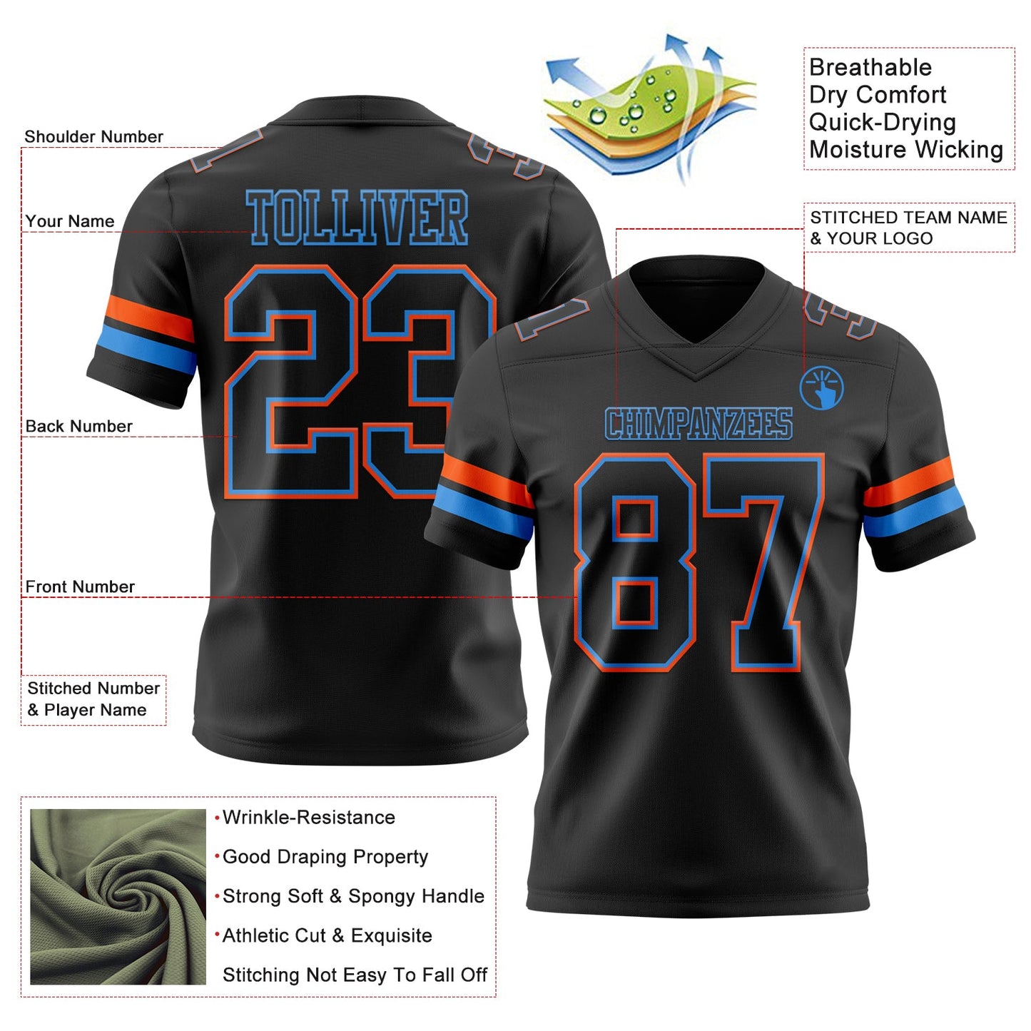 Custom Black Powder Blue-Orange Mesh Authentic Football Jersey - Sky-Custom