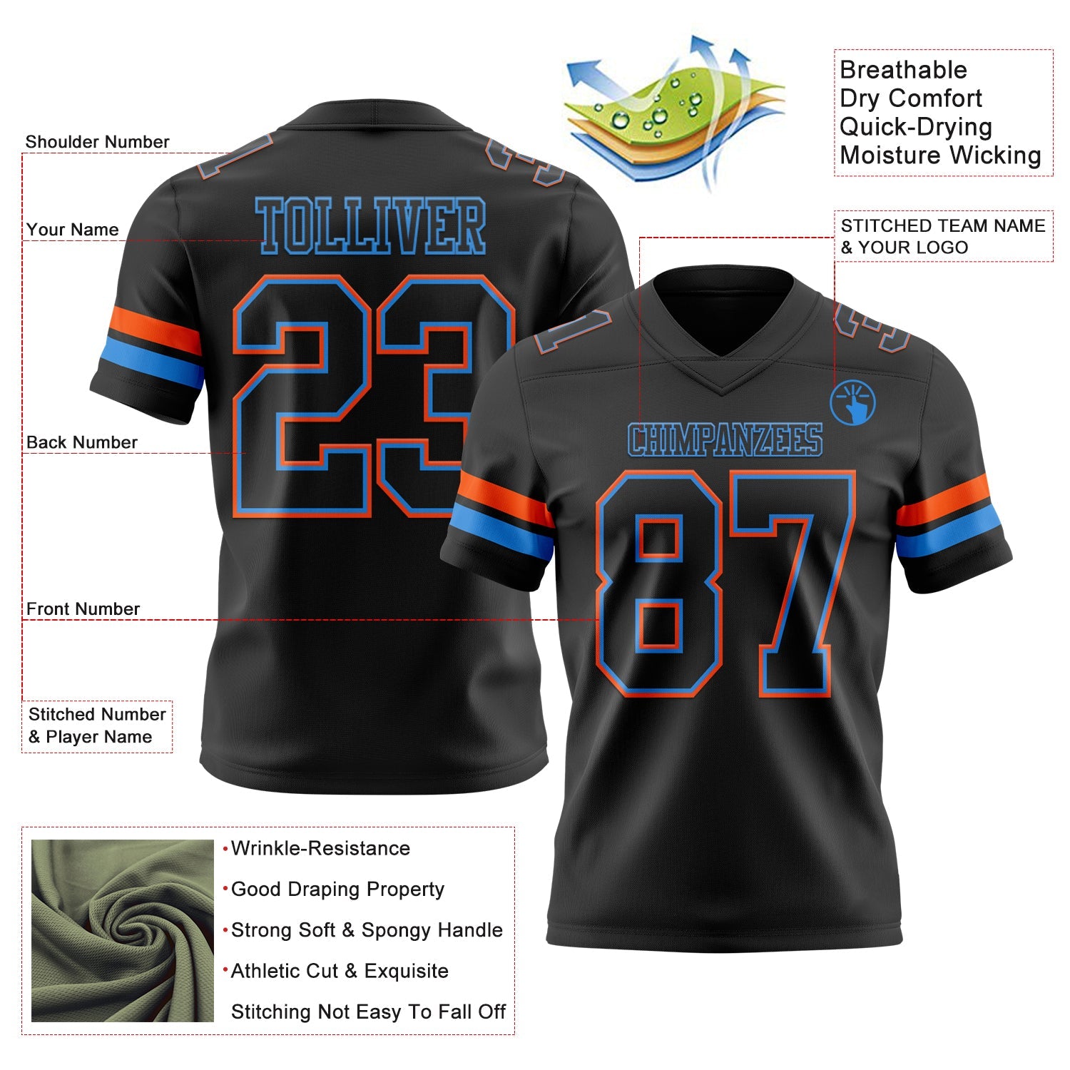 Custom Black Powder Blue-Orange Mesh Authentic Football Jersey - Sky-Custom
