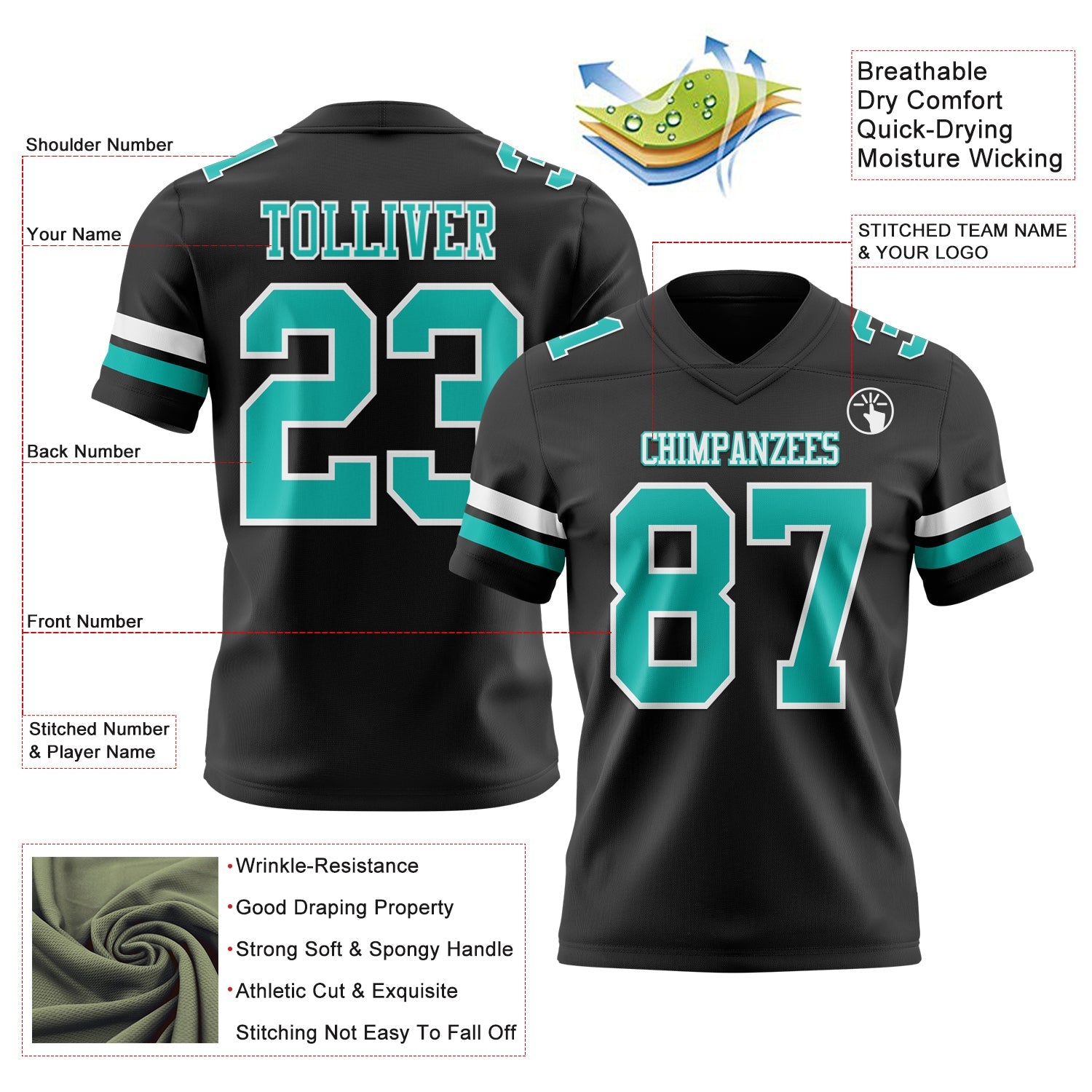 Custom Black Aqua-White Mesh Authentic Football Jersey - Sky-Custom