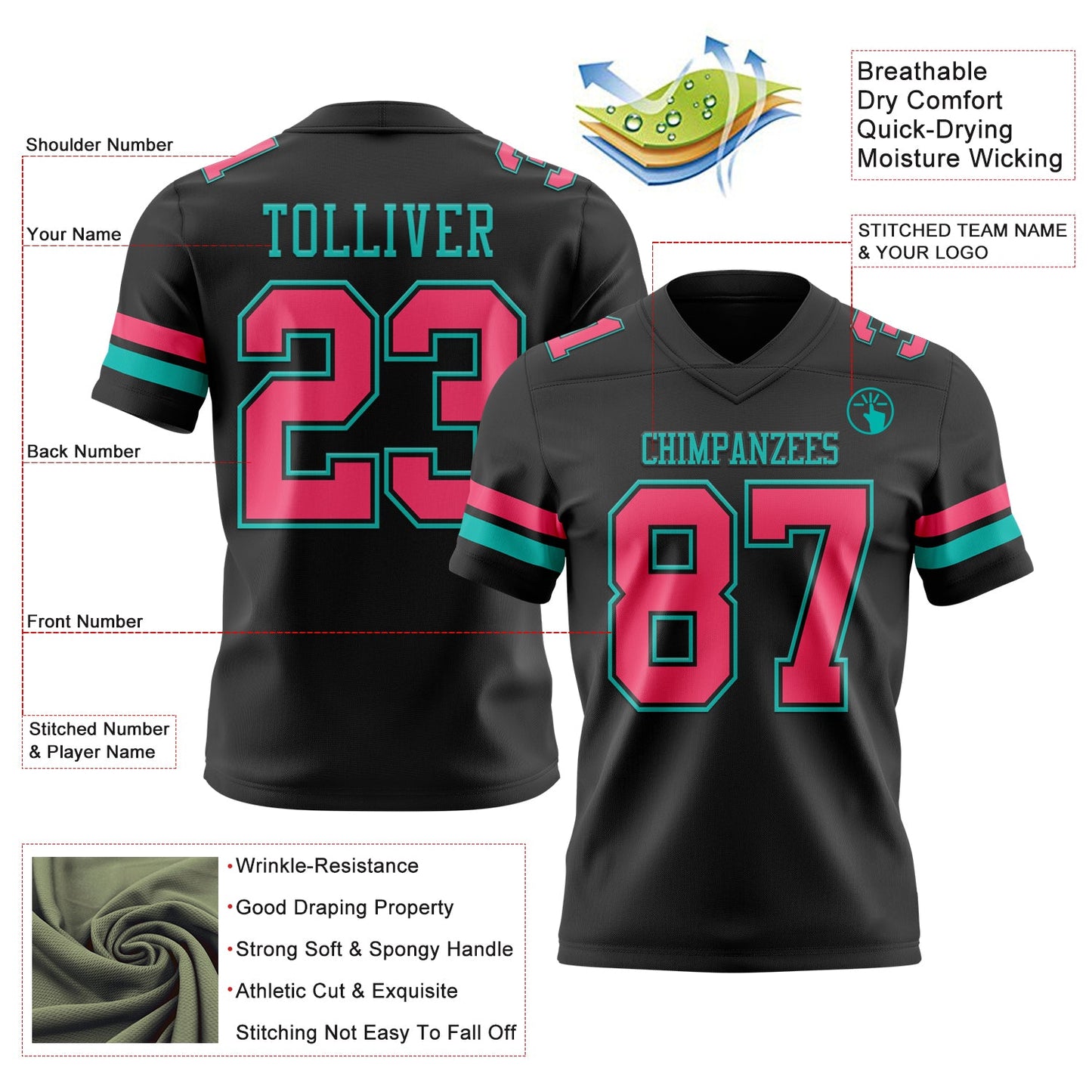 Custom Black Neon Pink-Aqua Mesh Authentic Football Jersey - Sky-Custom