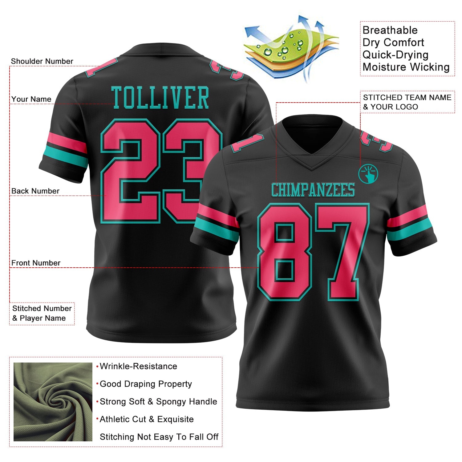 Custom Black Neon Pink-Aqua Mesh Authentic Football Jersey - Sky-Custom