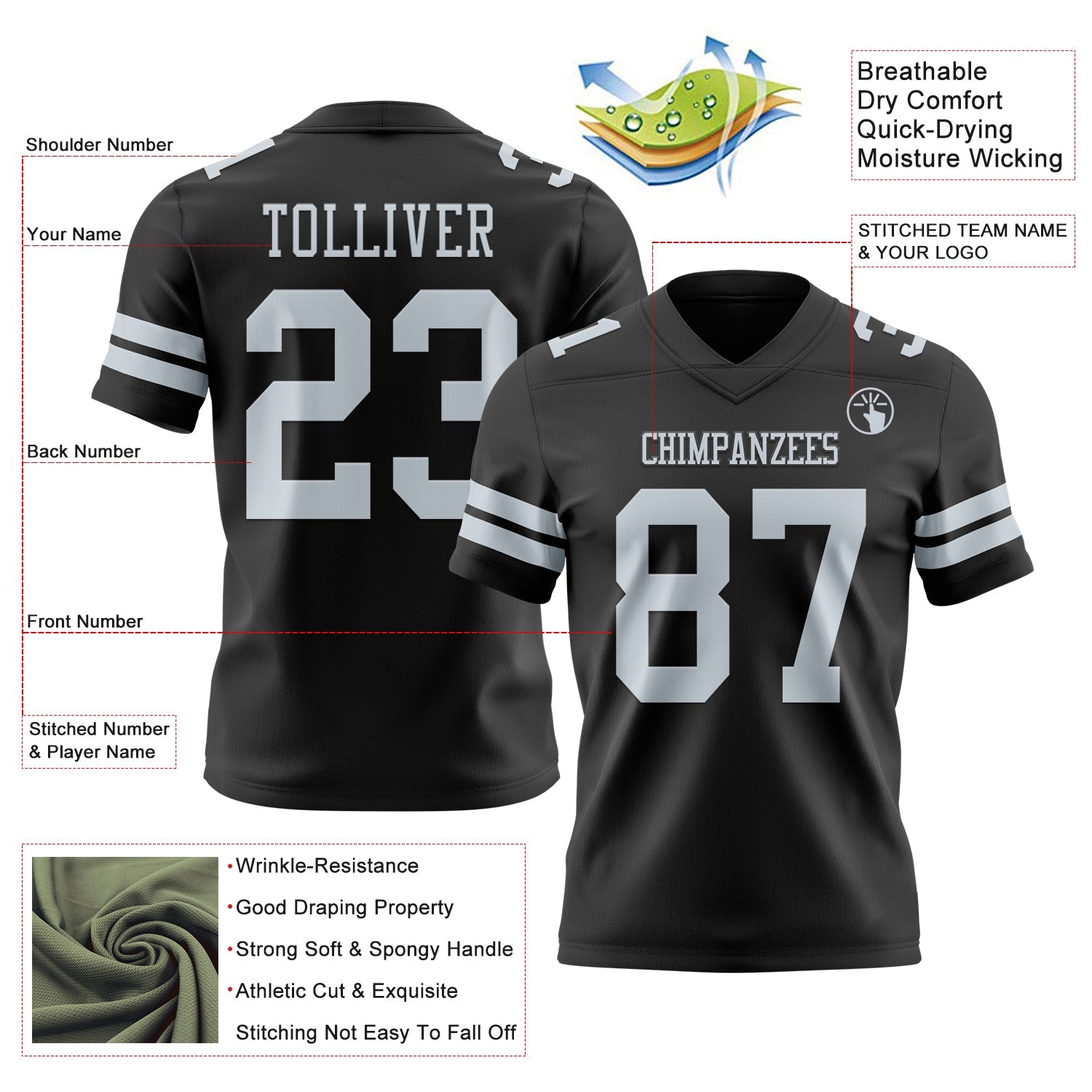 Custom Black Silver Mesh Authentic Football Jersey - Sky-Custom