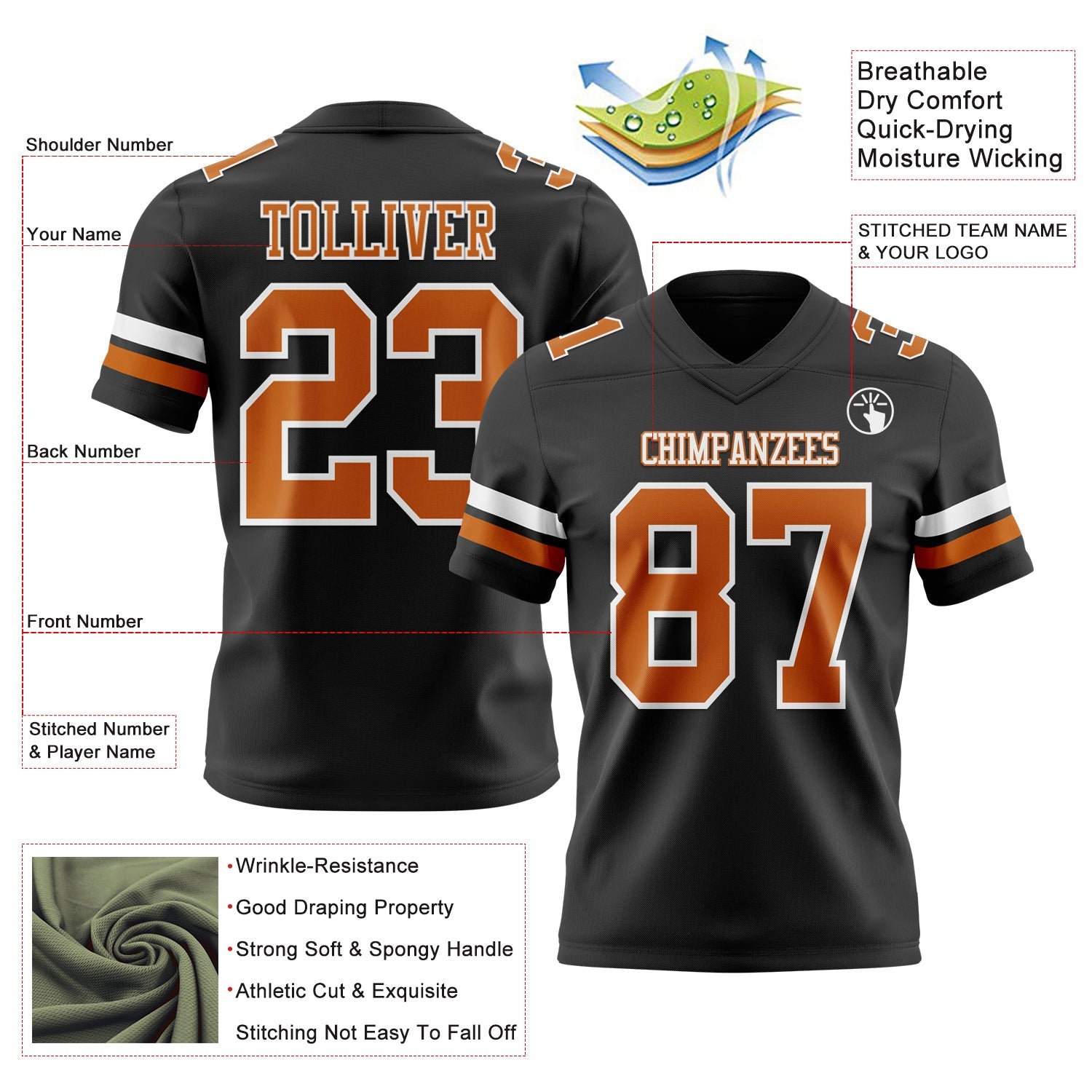 Custom Black Texas Orange-White Mesh Authentic Football Jersey - Sky-Custom