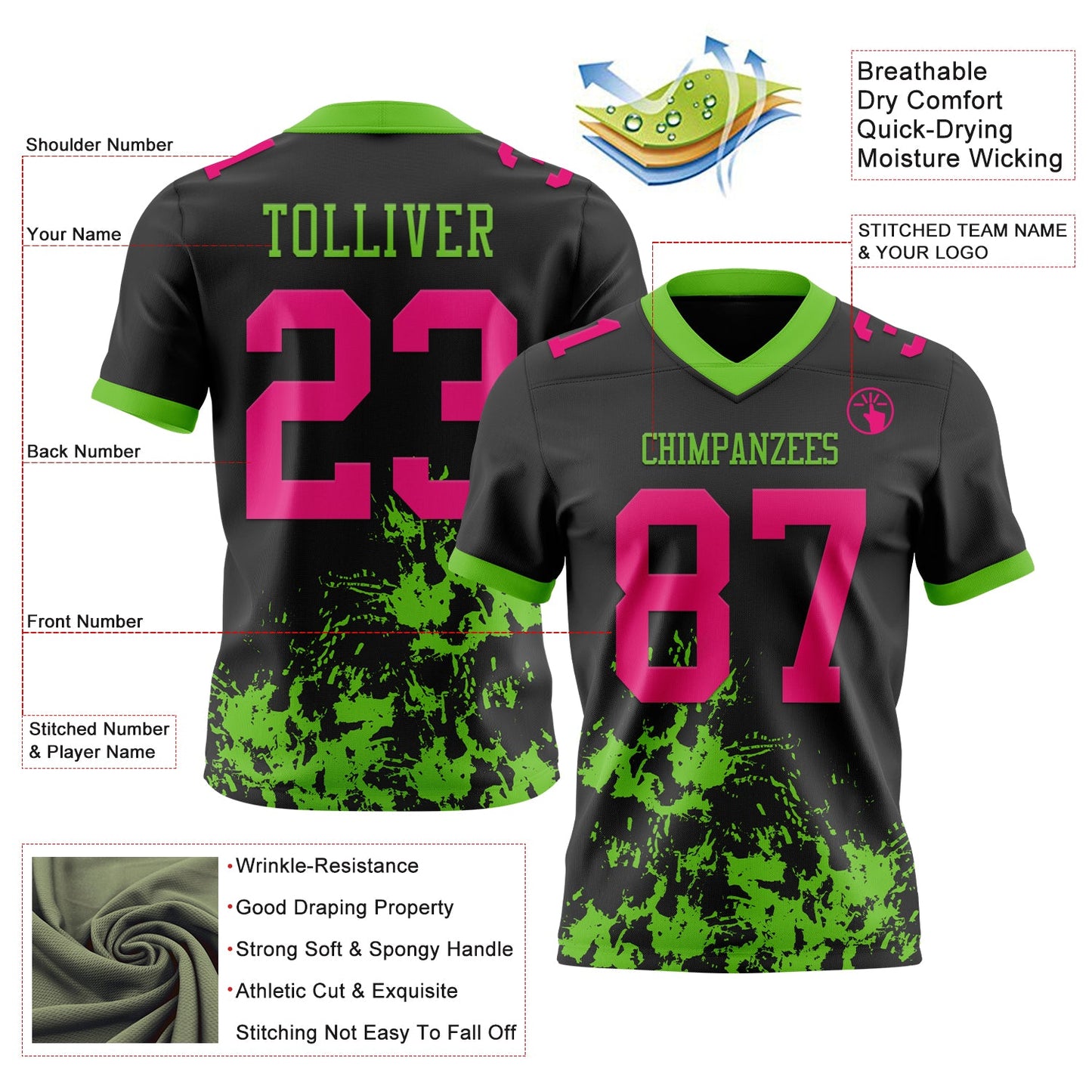 Custom Black Hot Pink-Aurora Green Splash Mesh Authentic Football Jersey - Sky-Custom