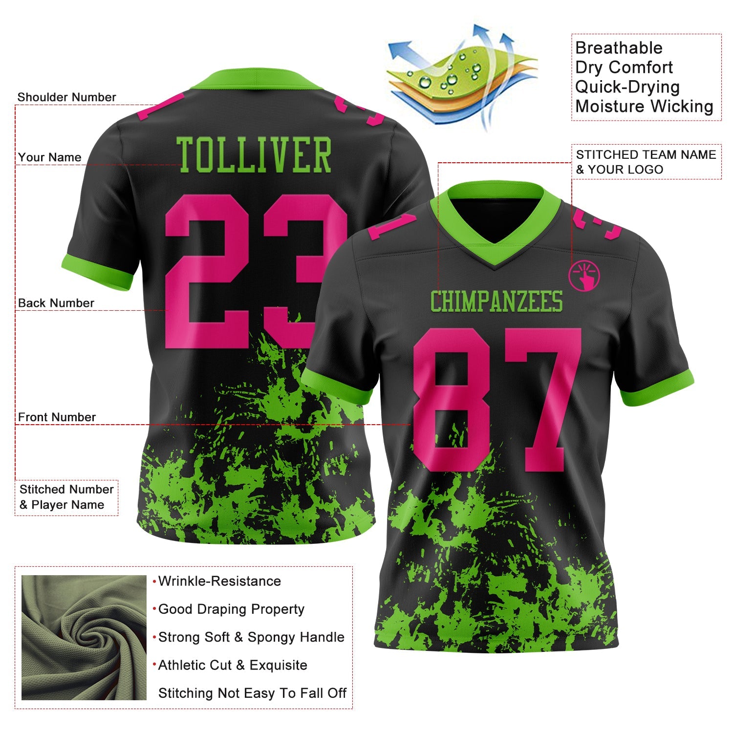 Custom Black Hot Pink-Aurora Green Splash Mesh Authentic Football Jersey - Sky-Custom