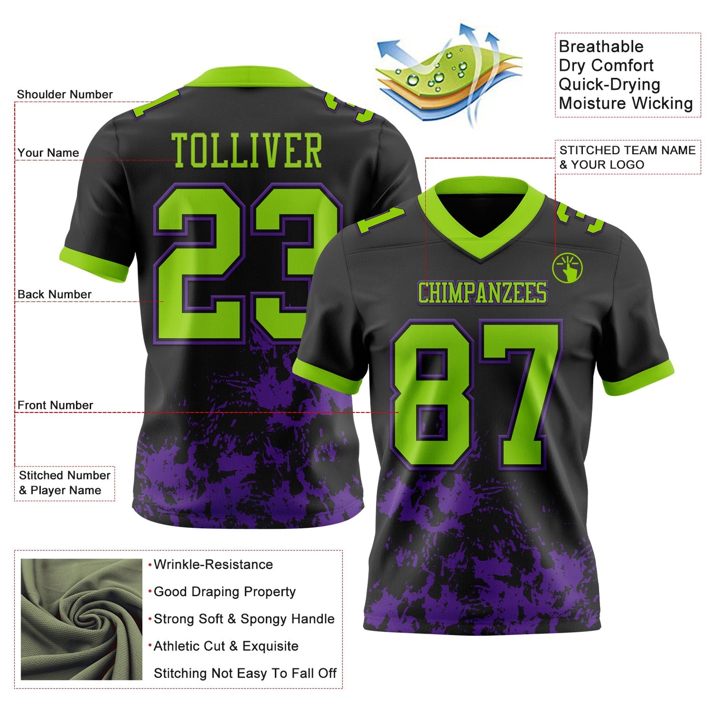 Custom Black Neon Green-Purple Splash Mesh Authentic Football Jersey - Sky-Custom