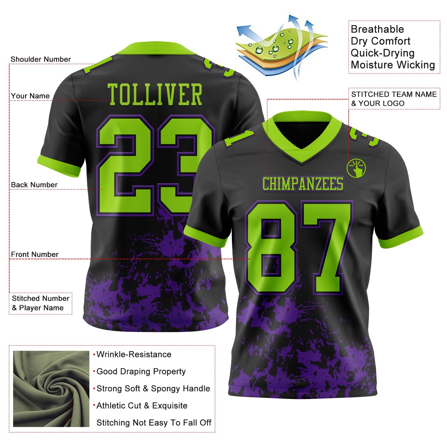 Custom Black Neon Green-Purple Splash Mesh Authentic Football Jersey - Sky-Custom