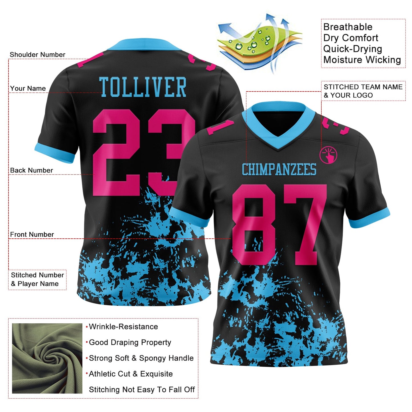 Custom Black Hot Pink-Sky Blue Splash Mesh Authentic Football Jersey - Sky-Custom