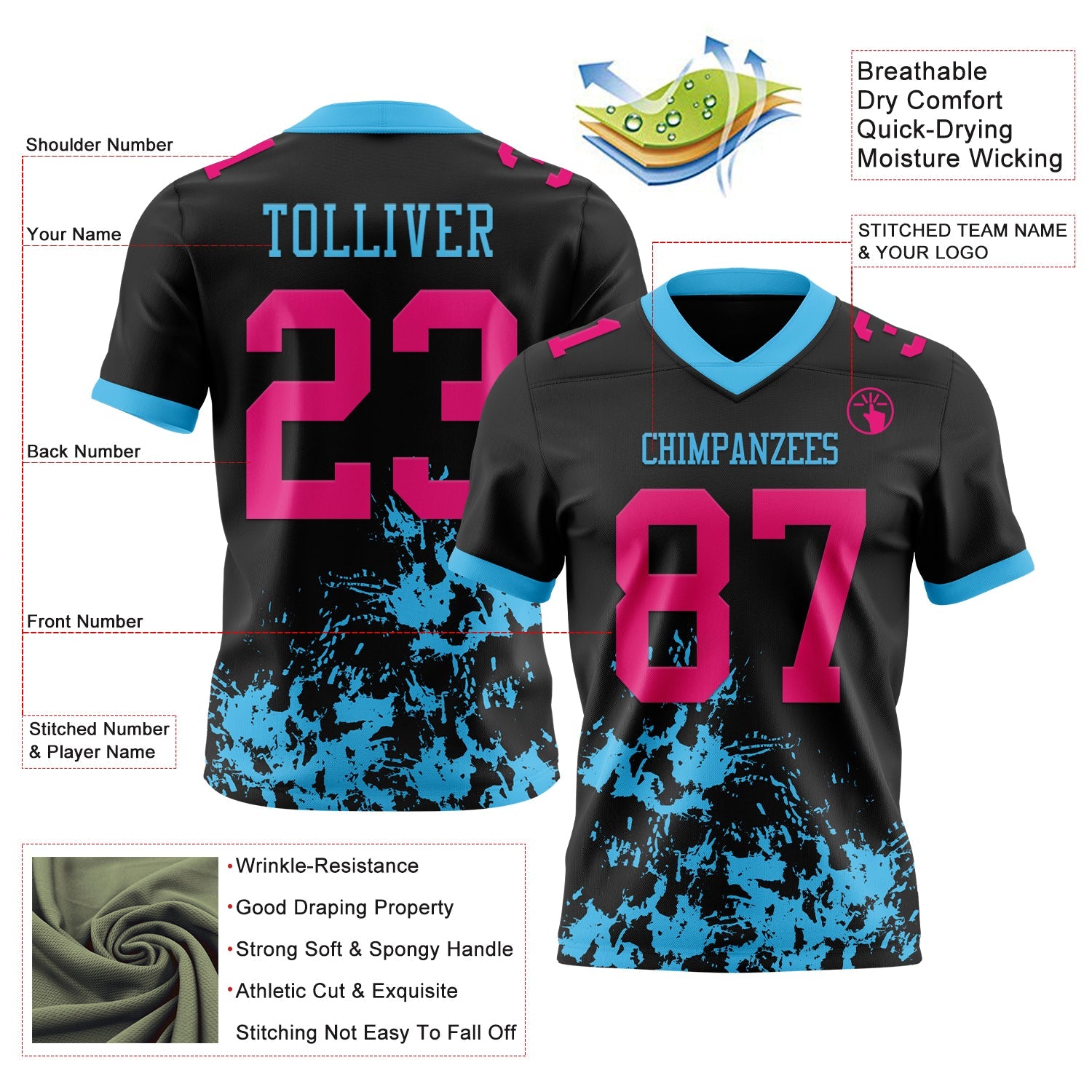 Custom Black Hot Pink-Sky Blue Splash Mesh Authentic Football Jersey - Sky-Custom