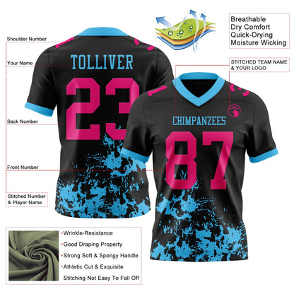 Custom Black Hot Pink-Sky Blue Splash Mesh Authentic Football Jersey - Sky-Custom