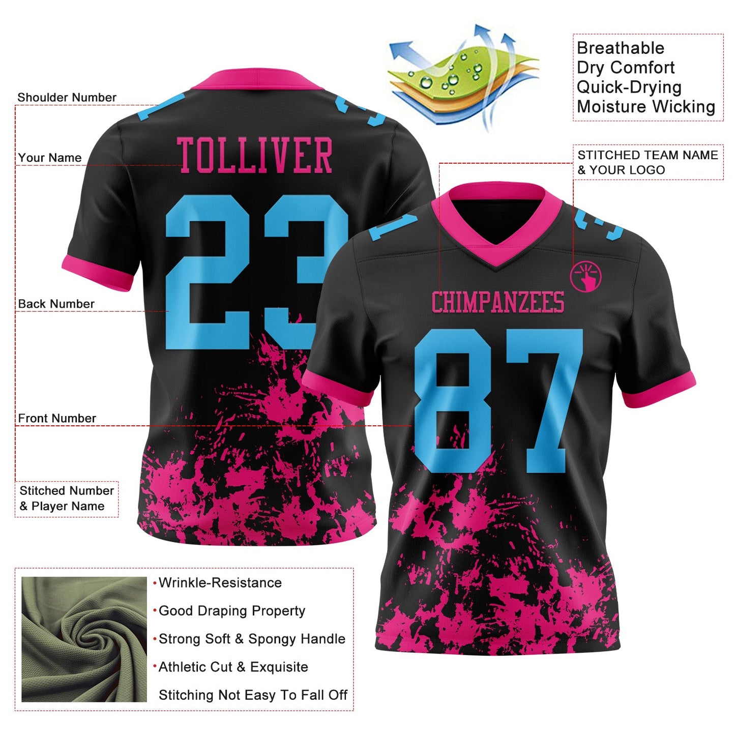 Custom Black Sky Blue-Hot Pink Splash Mesh Authentic Football Jersey - Sky-Custom