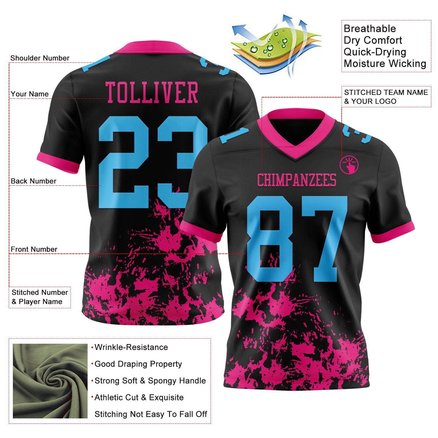 Custom Black Sky Blue-Hot Pink Splash Mesh Authentic Football Jersey - Sky-Custom