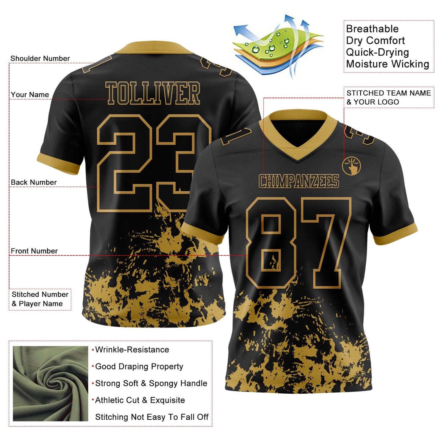 Custom Black Old Gold Splash Mesh Authentic Football Jersey - Sky-Custom