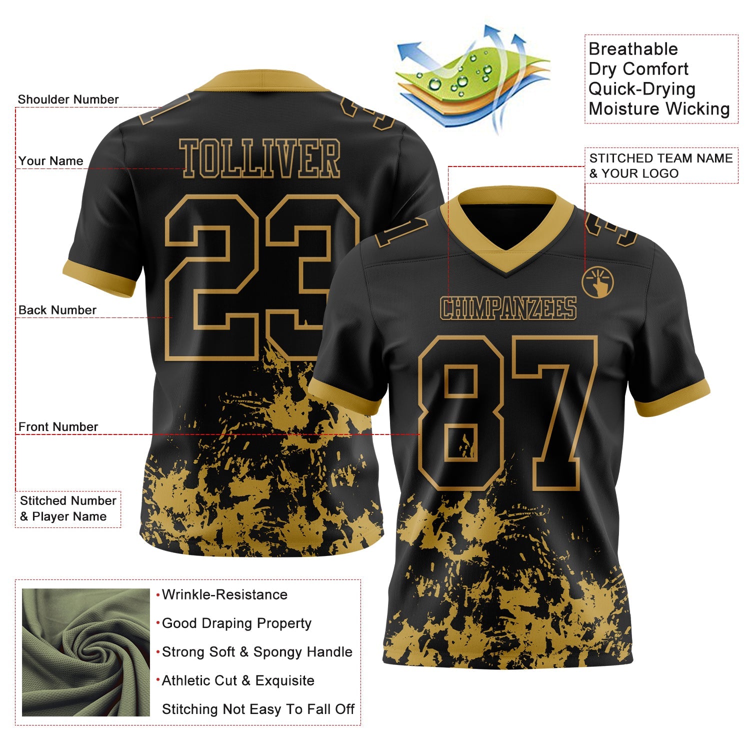 Custom Black Old Gold Splash Mesh Authentic Football Jersey - Sky-Custom
