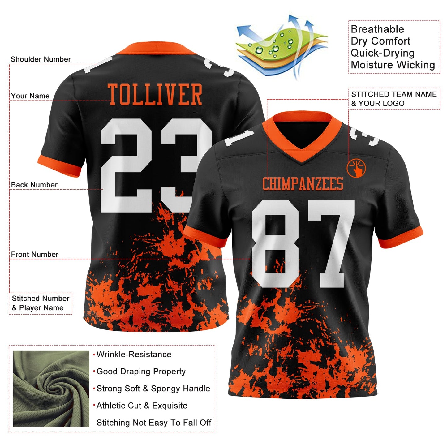 Custom Black White-Orange Splash Mesh Authentic Football Jersey - Sky-Custom