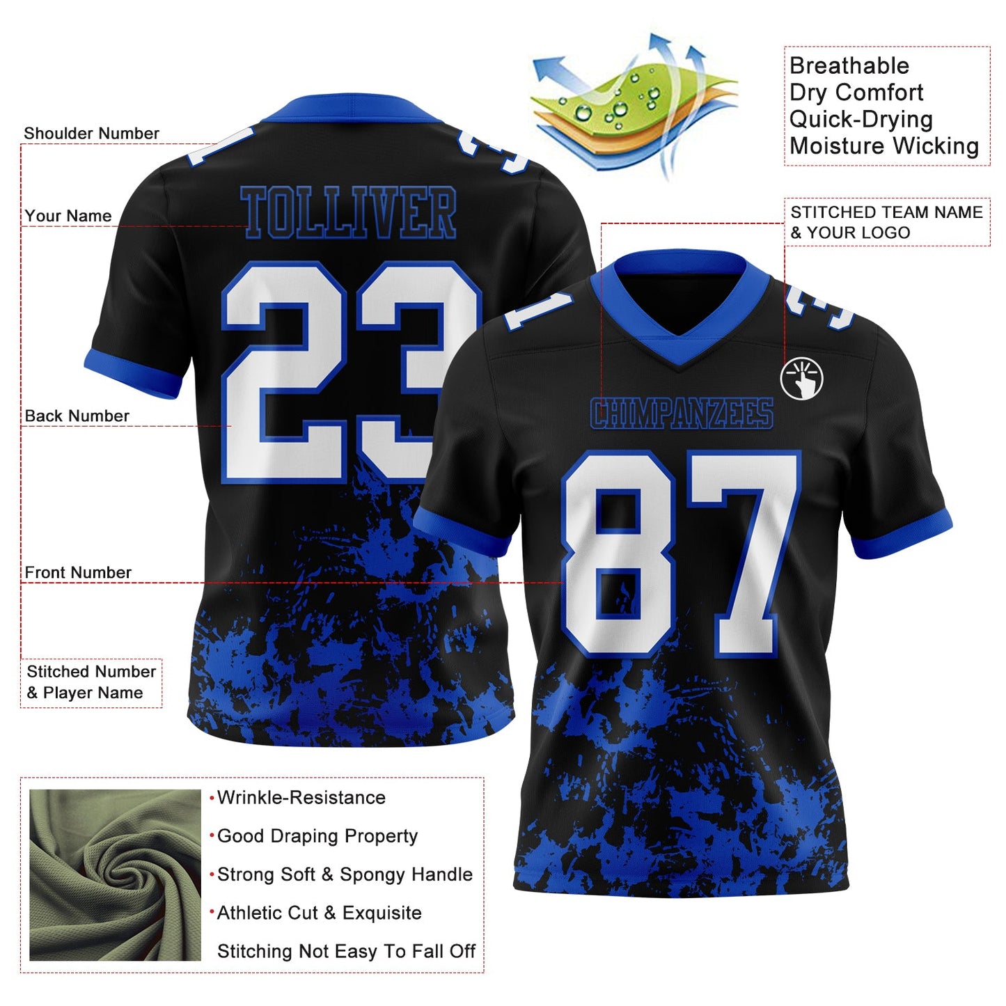 Custom Black White-Thunder Blue Splash Mesh Authentic Football Jersey - Sky-Custom