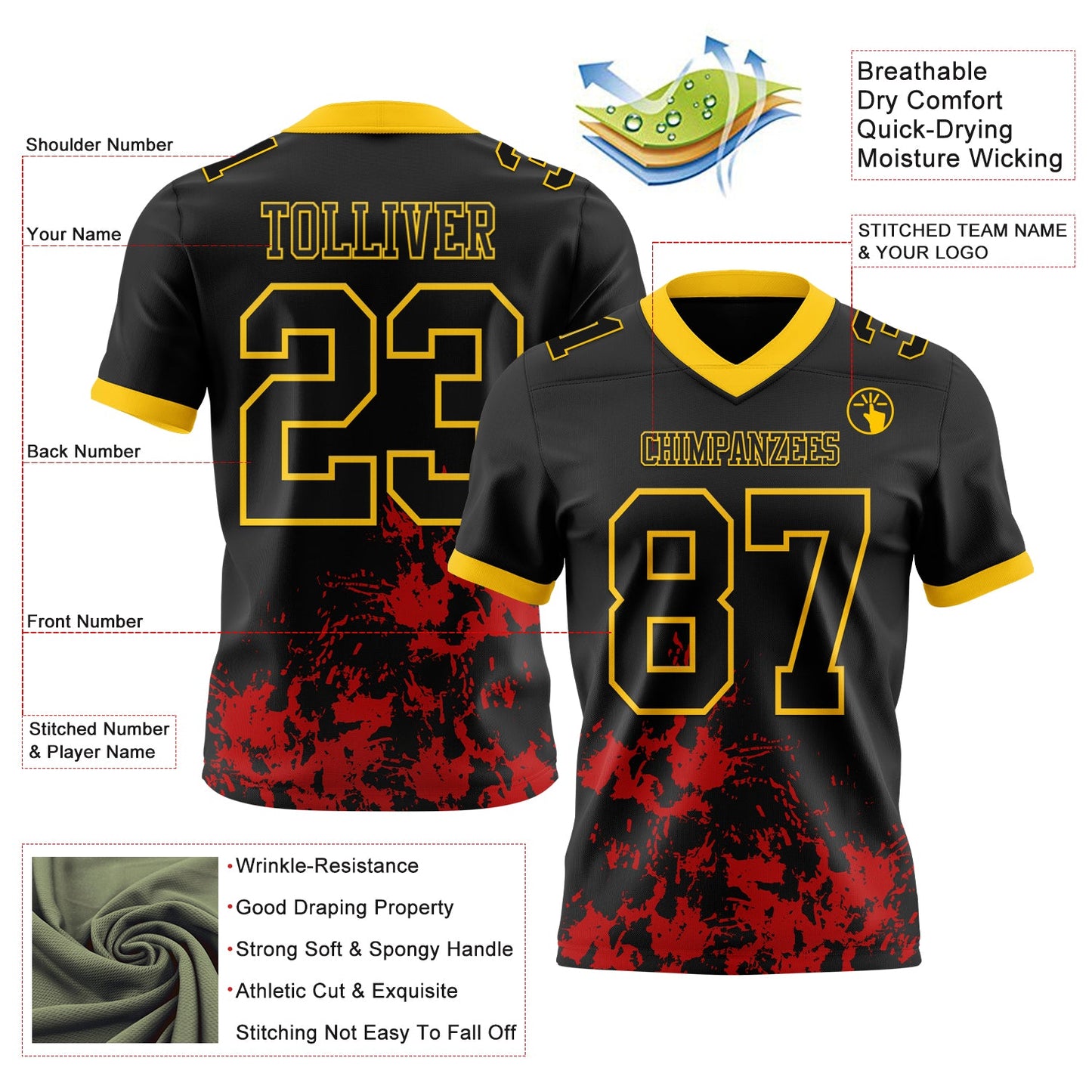 Custom Black Red-Yellow Splash Mesh Authentic Football Jersey - Sky-Custom