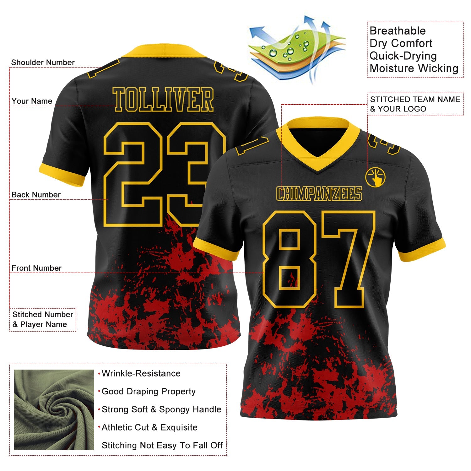Custom Black Red-Yellow Splash Mesh Authentic Football Jersey - Sky-Custom