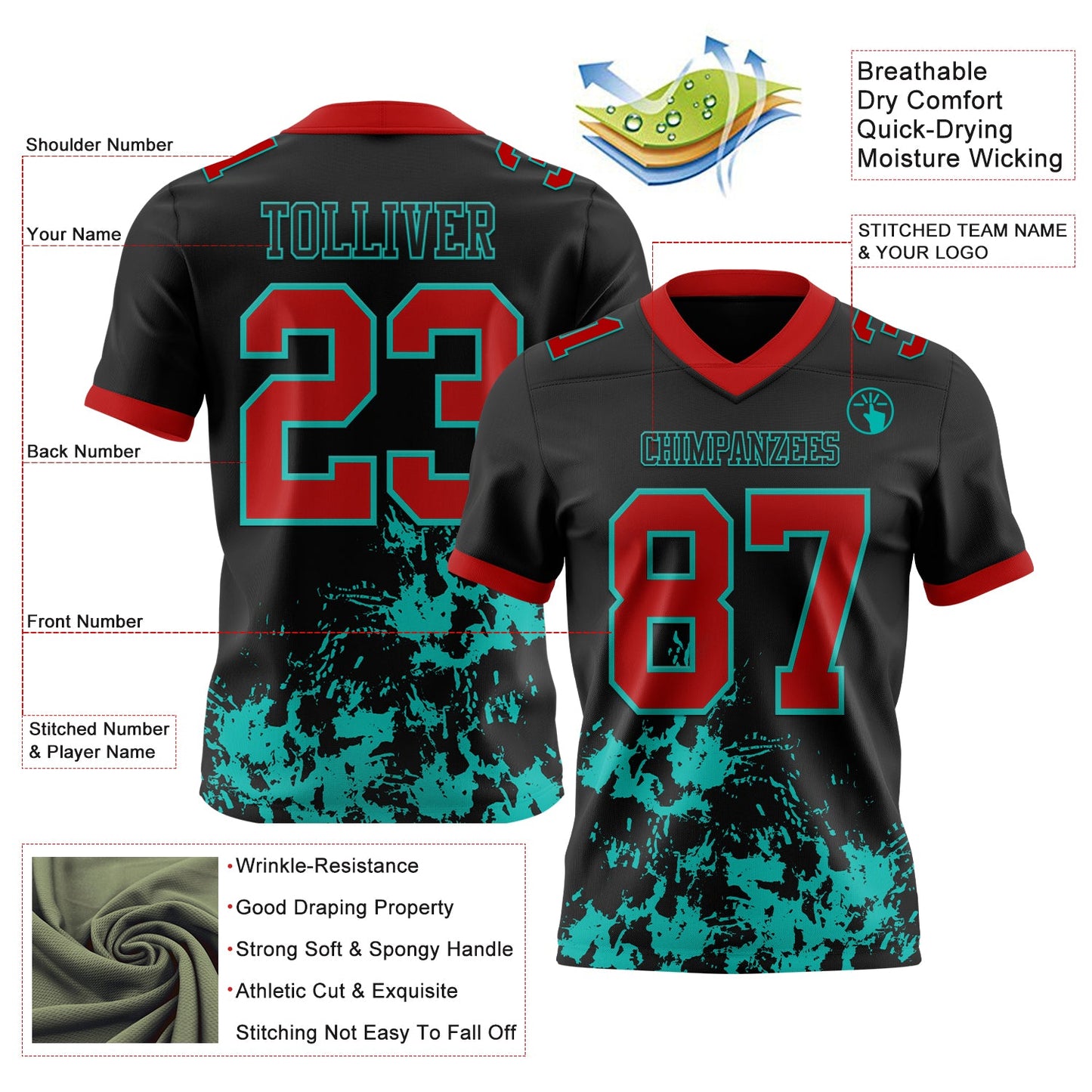 Custom Black Red-Aqua Splash Mesh Authentic Football Jersey - Sky-Custom