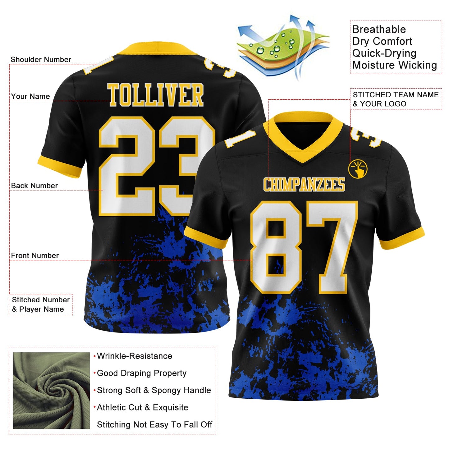 Custom Black White Thunder Blue-Yellow Splash Mesh Authentic Football Jersey - Sky-Custom