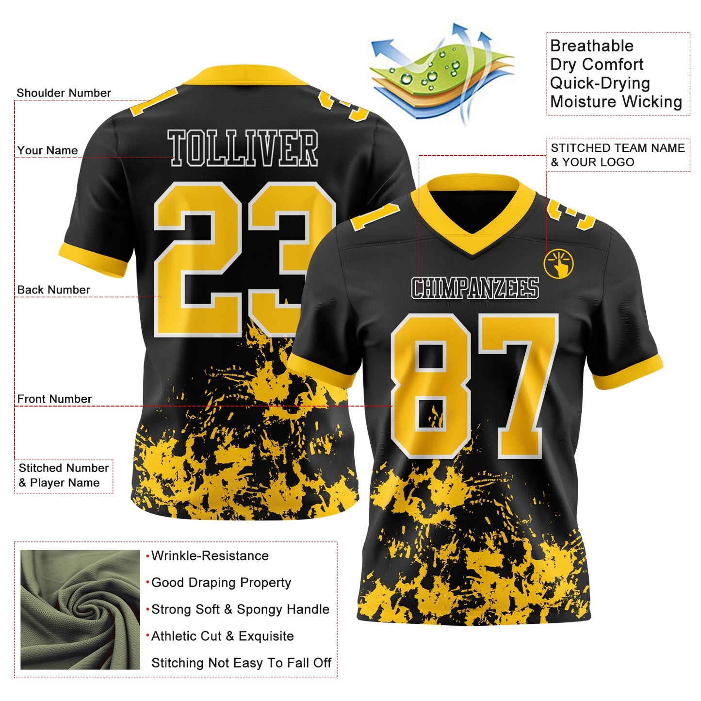Custom Black Yellow-White Splash Mesh Authentic Football Jersey - Sky-Custom