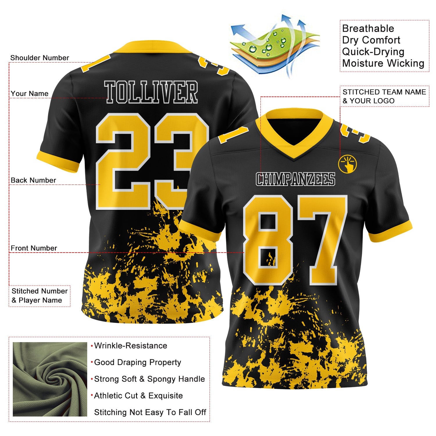 Custom Black Yellow-White Splash Mesh Authentic Football Jersey - Sky-Custom