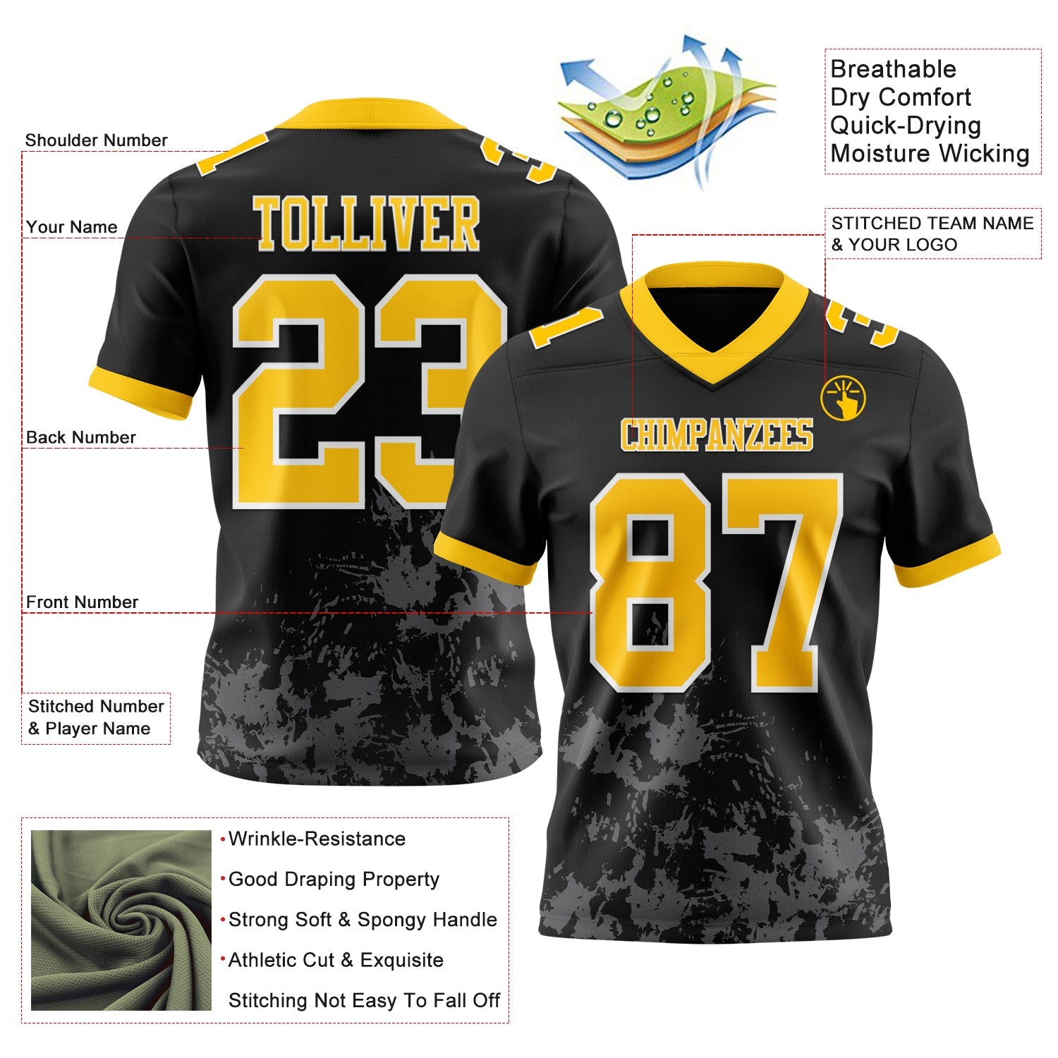 Custom Black Yellow Steel Gray-White Splash Mesh Authentic Football Jersey - Sky-Custom