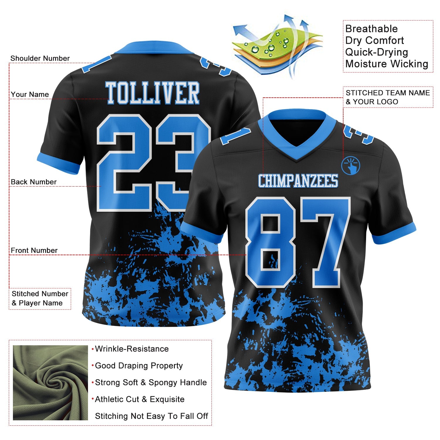 Custom Black Powder Blue-White Splash Mesh Authentic Football Jersey - Sky-Custom