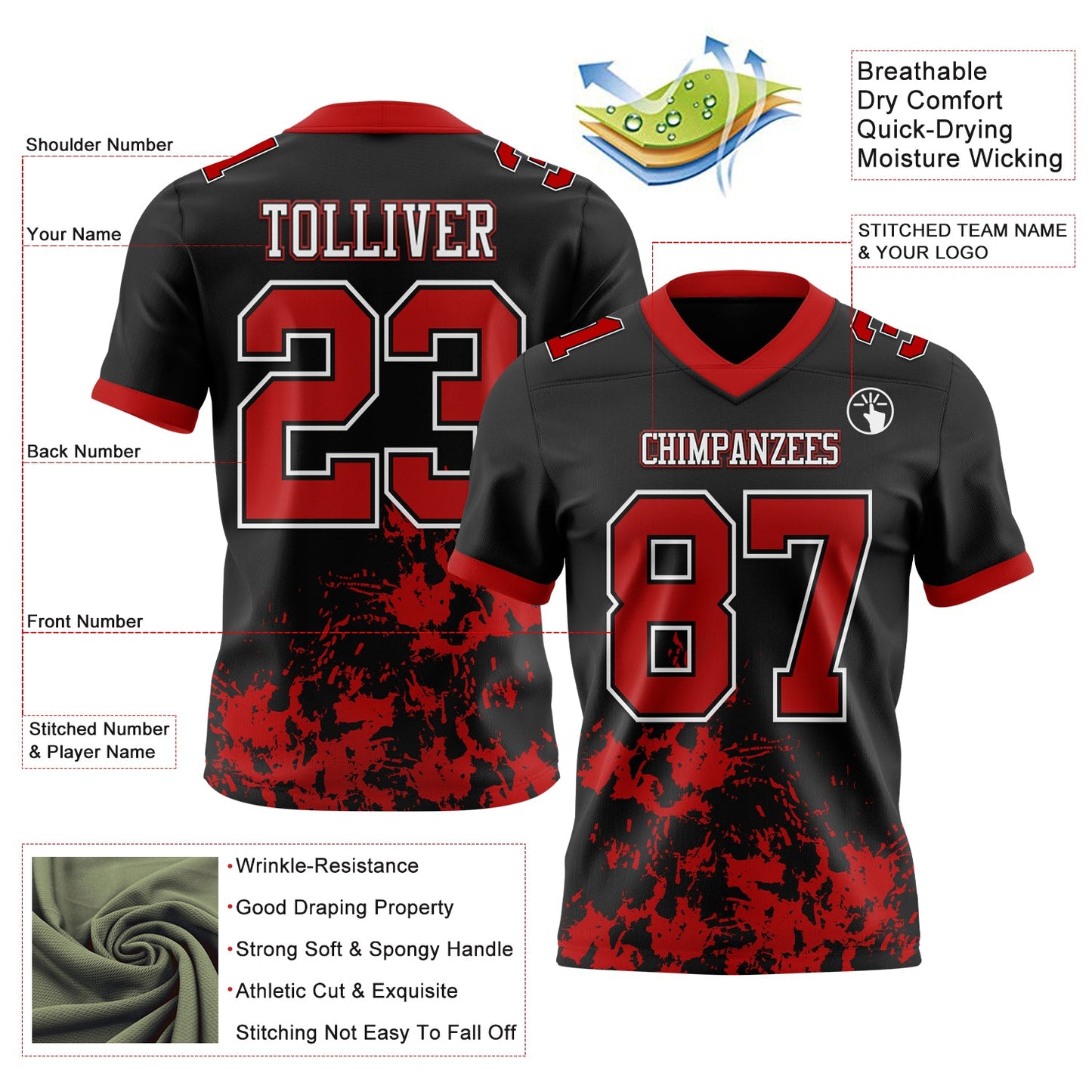 Custom Black Red-White Splash Mesh Authentic Football Jersey - Sky-Custom