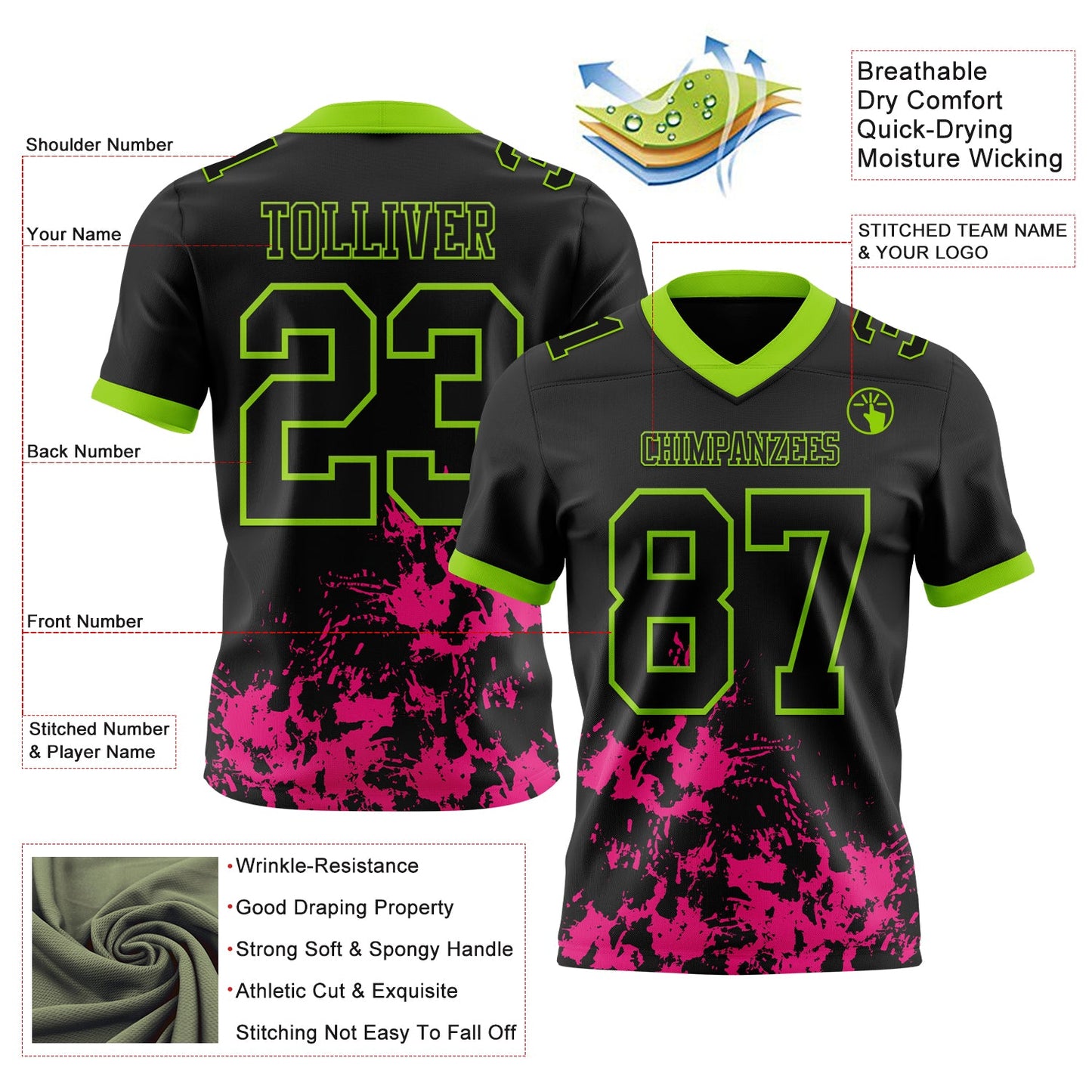 Custom Black Hot Pink-Neon Green Splash Mesh Authentic Football Jersey - Sky-Custom