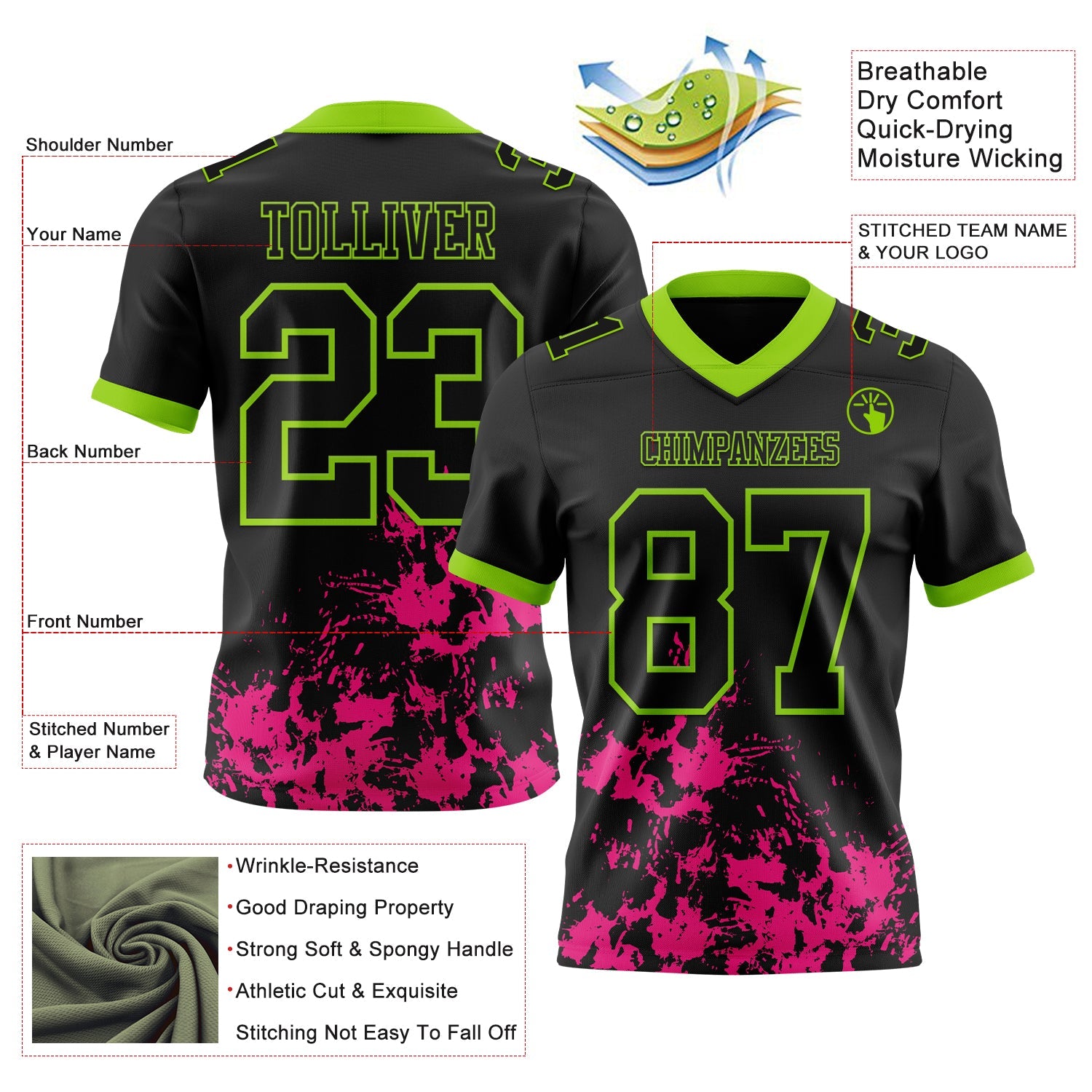 Custom Black Hot Pink-Neon Green Splash Mesh Authentic Football Jersey - Sky-Custom