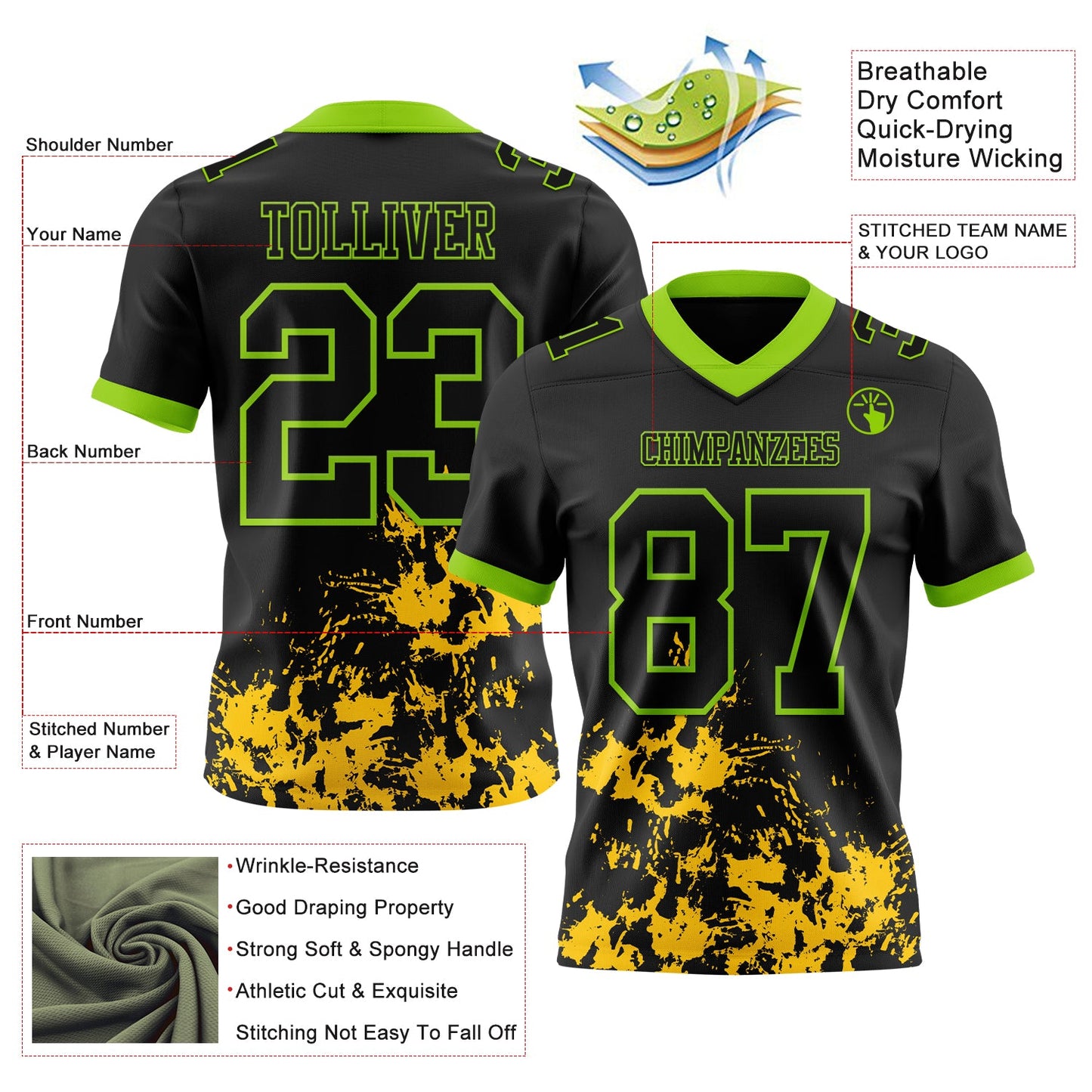 Custom Black Yellow-Neon Green Splash Mesh Authentic Football Jersey - Sky-Custom