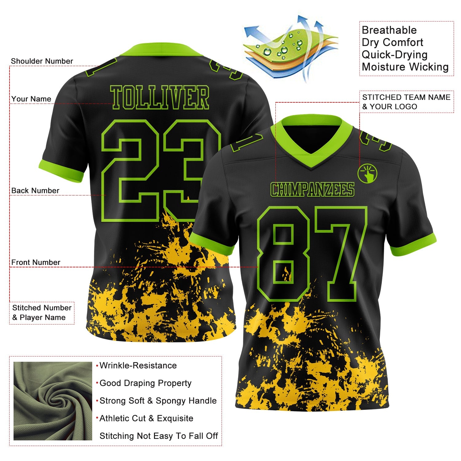 Custom Black Yellow-Neon Green Splash Mesh Authentic Football Jersey - Sky-Custom