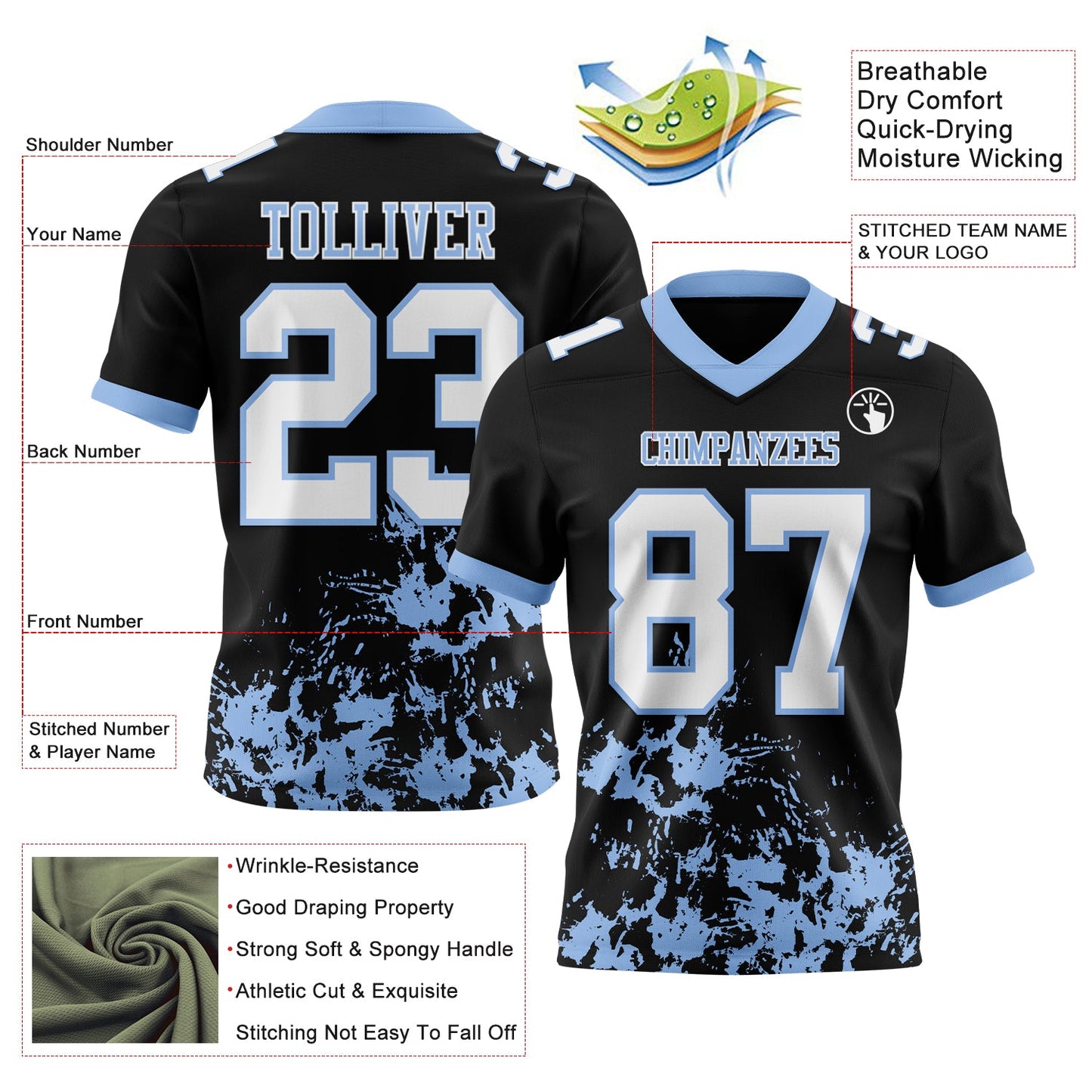 Custom Black White-Light Blue Splash Mesh Authentic Football Jersey - Sky-Custom