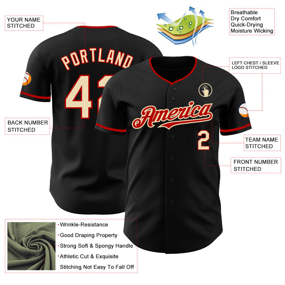 Custom Black Cream-Red Authentic Baseball Jersey - Sky-Custom