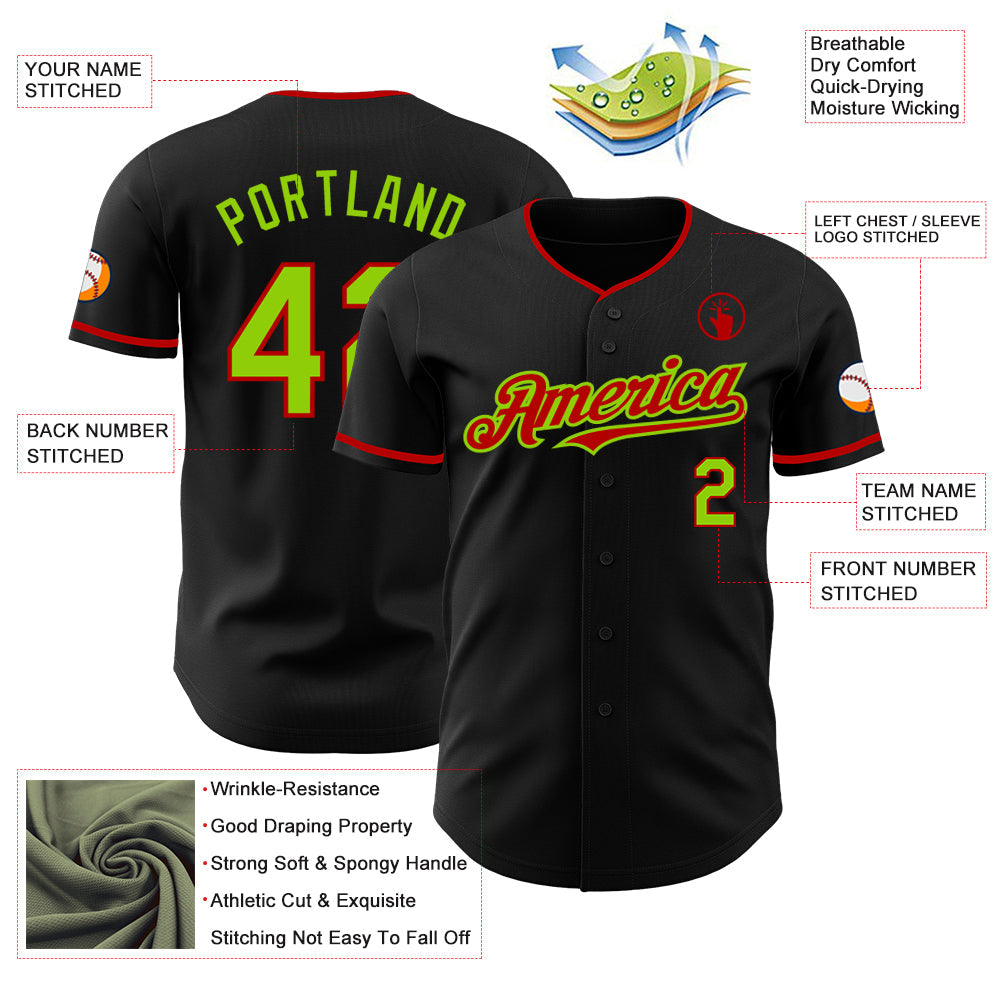 Custom Black Neon Green-Red Authentic Baseball Jersey - Sky-Custom