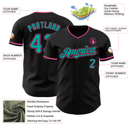 Custom Black Aqua-Pink Authentic Baseball Jersey - Sky-Custom