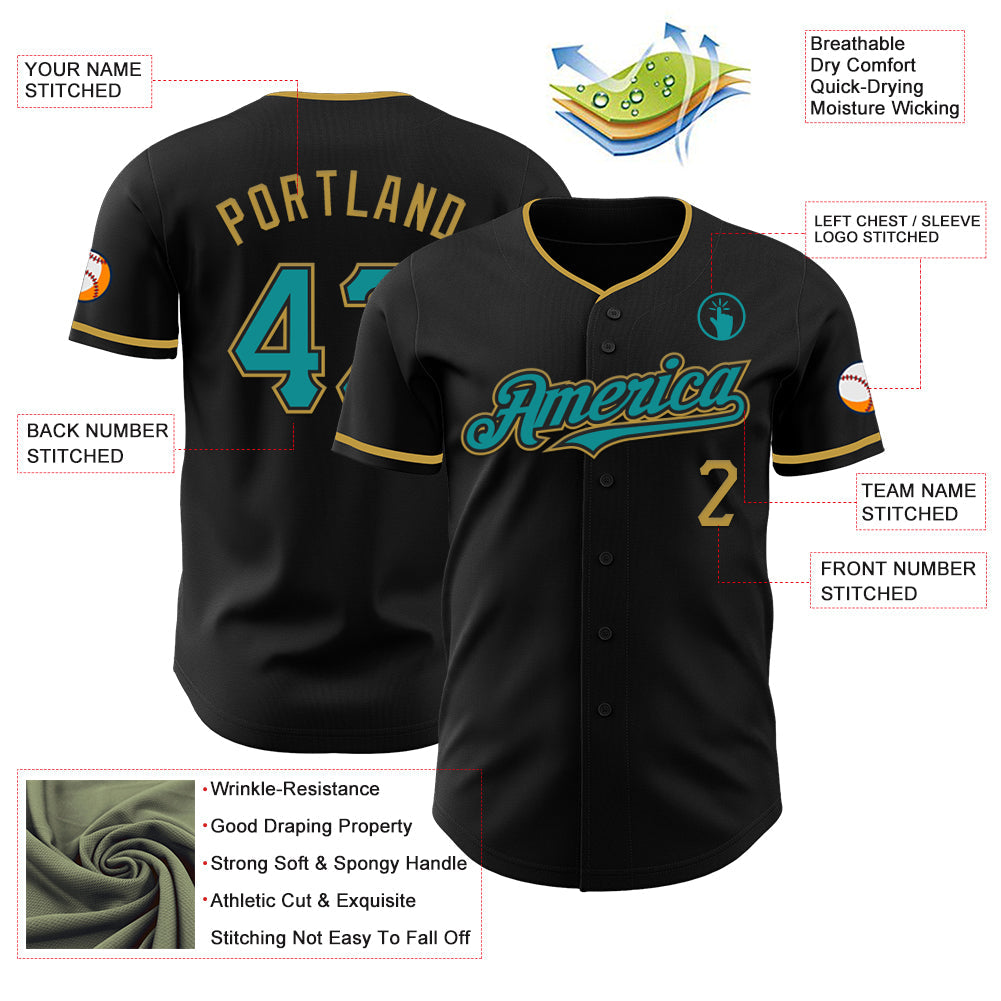 Custom Black Teal-Old Gold Authentic Baseball Jersey - Sky-Custom