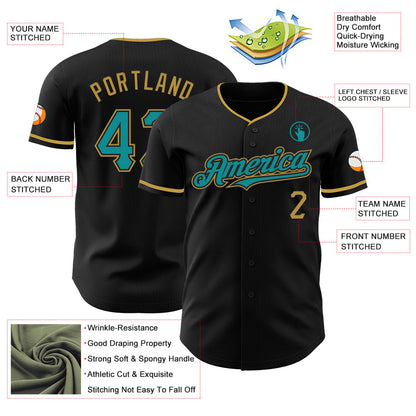 Custom Black Teal-Old Gold Authentic Baseball Jersey - Sky-Custom