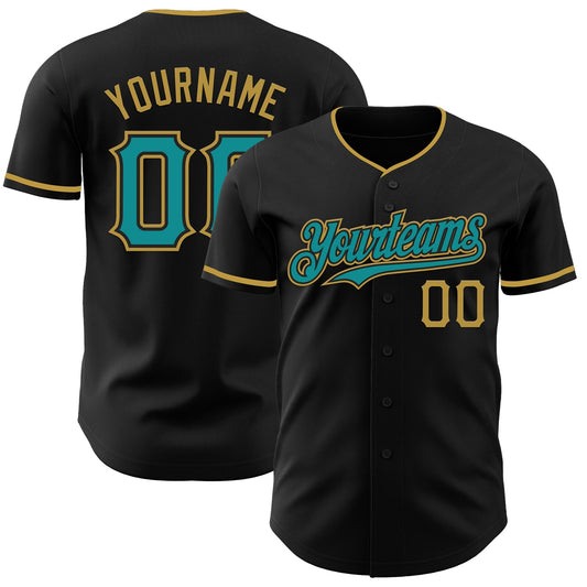 Custom Black Teal-Old Gold Authentic Baseball Jersey - Sky-Custom
