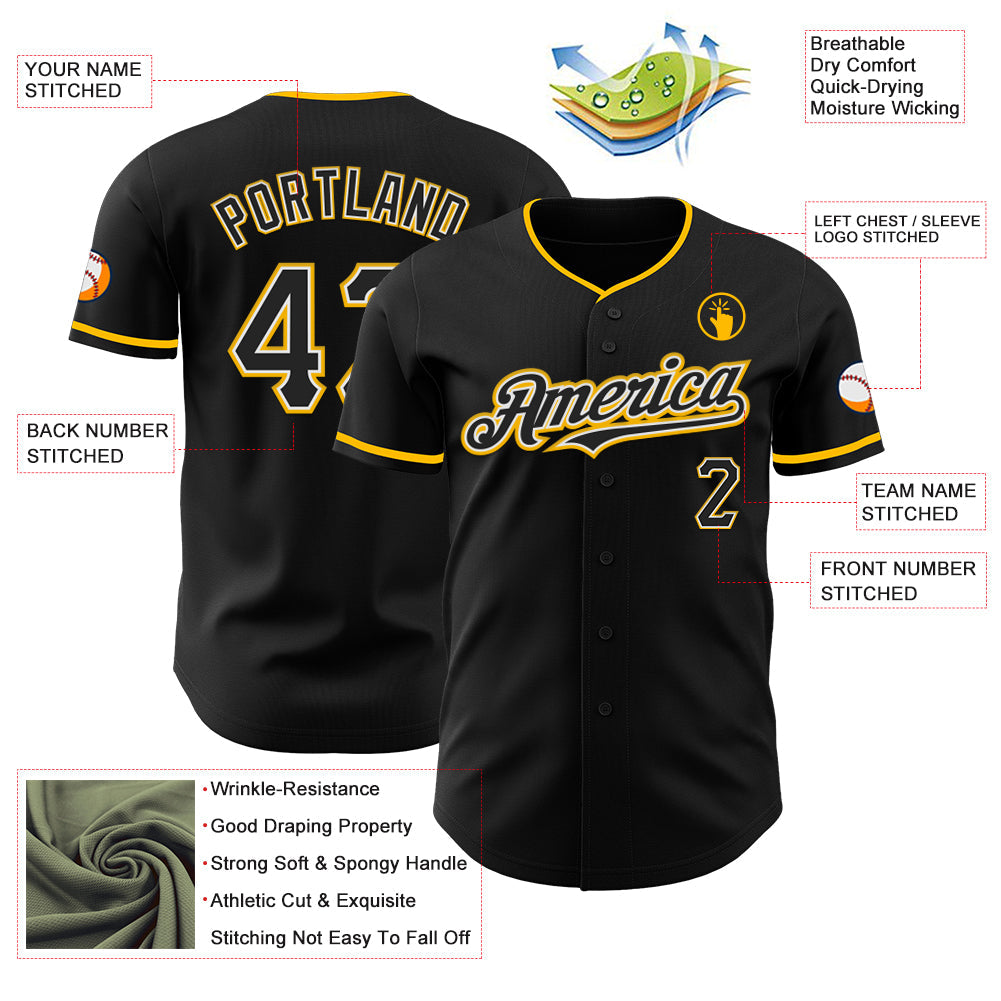 Custom Black White-Gold Authentic Baseball Jersey - Sky-Custom