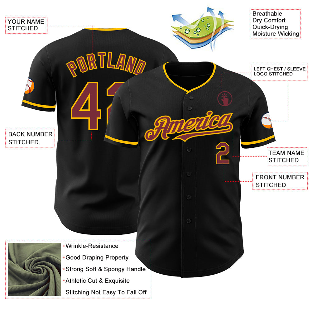 Custom Black Burgundy-Gold Authentic Baseball Jersey - Sky-Custom