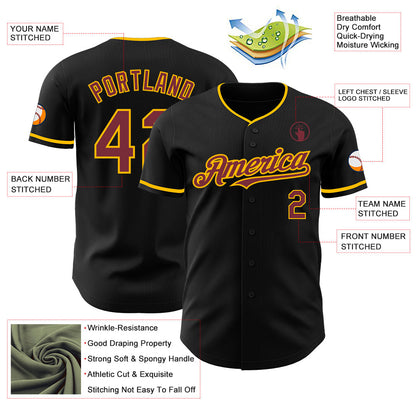 Custom Black Burgundy-Gold Authentic Baseball Jersey - Sky-Custom