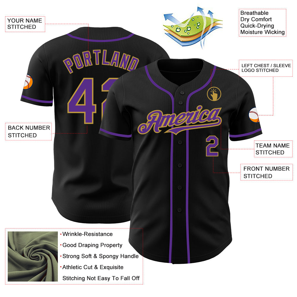 Custom Black Purple-Old Gold Authentic Baseball Jersey - Sky-Custom